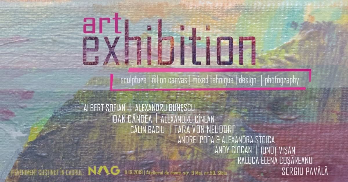 Afiș: Art Exhibition — sculptură, pictură, tehnică mixtă, design, fotografie