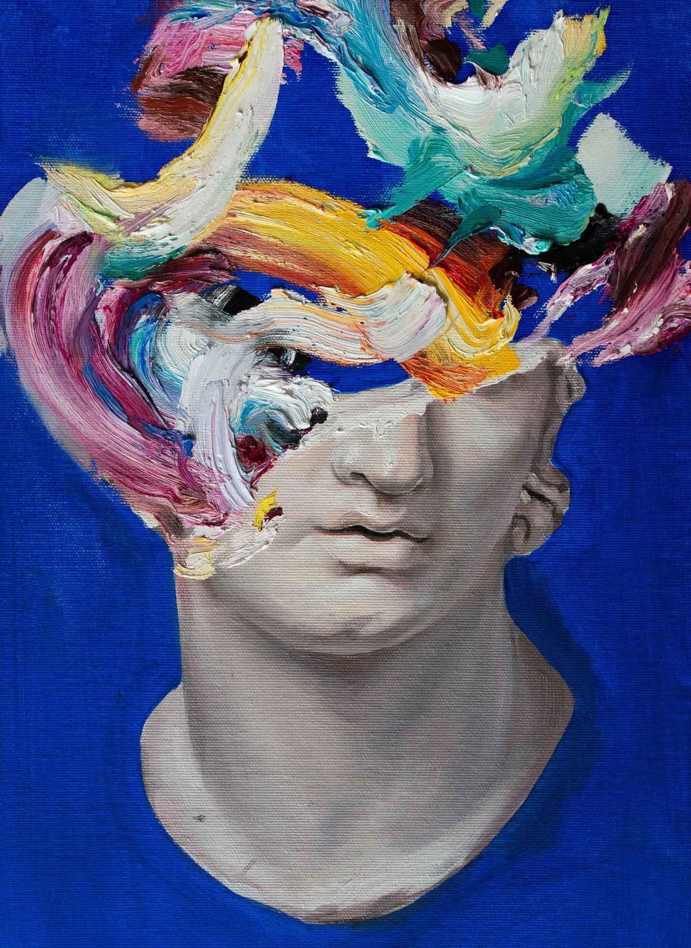 Print cu un bust clasic și păr din tușe colorate.