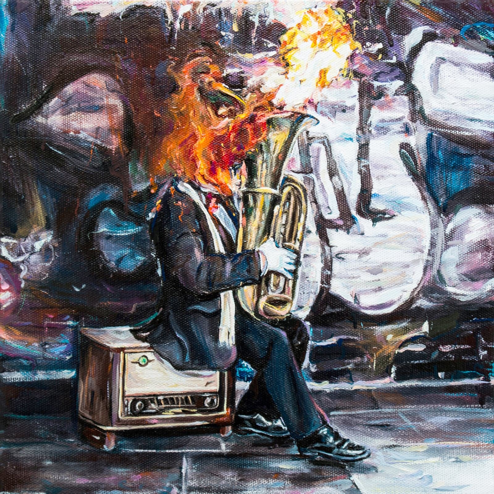 Poster cu un muzician cântând la tubă, cu flăcări.
